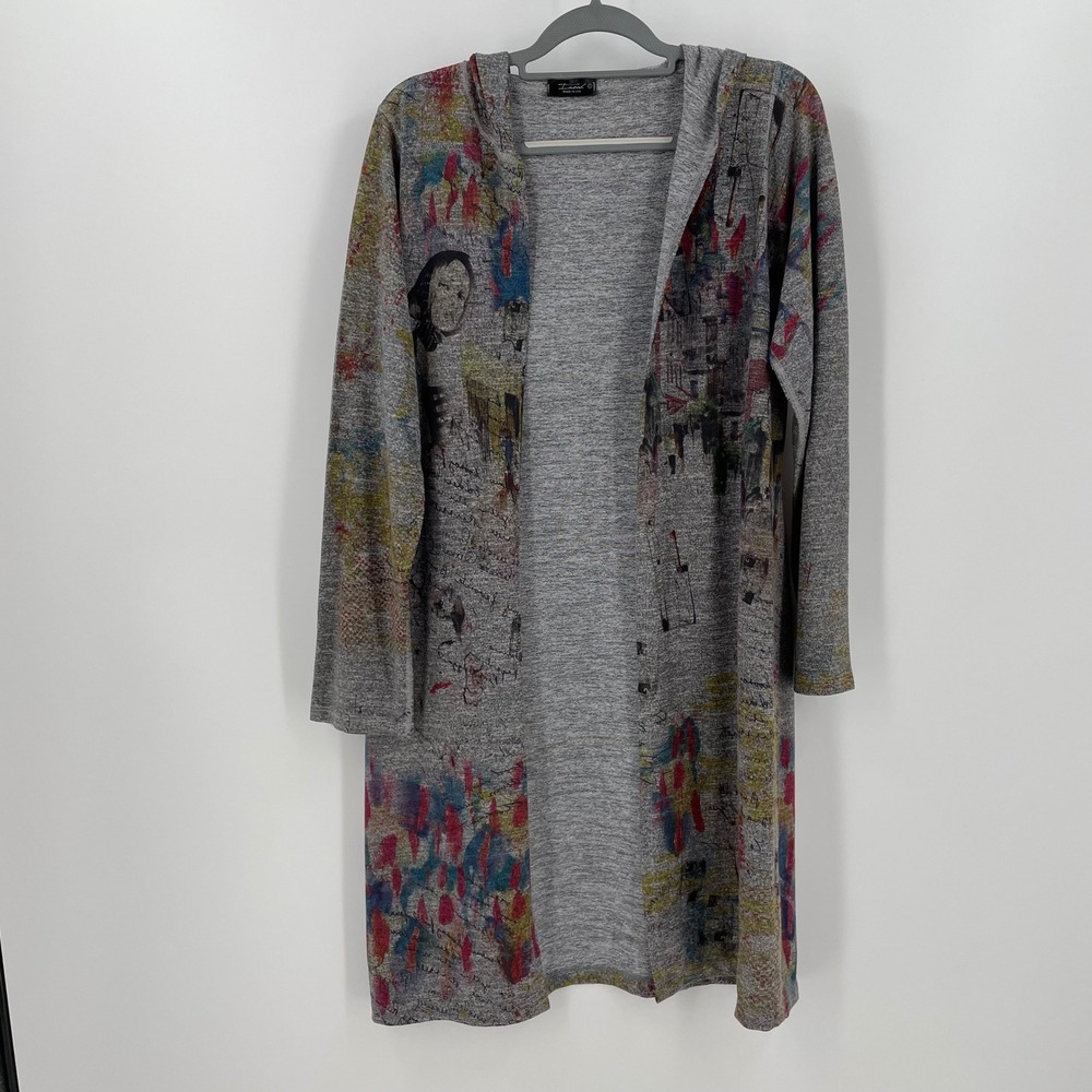 Inoah Art to Wear Hooded Duster Cardigan Jacket L Grey Open Front Made in USA - Picture 2 of 8